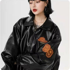 Logo Embroidered Pu Leather Varsity Jacket
