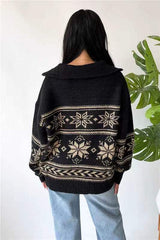 Vintage Snowflake Print Zip Up Sweater