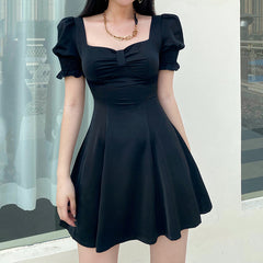 Retro Square Neck Black Bow Puff Sleeve Dress