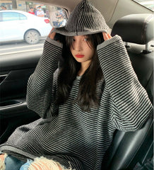 Vintage Knit Striped Hooded Sweater