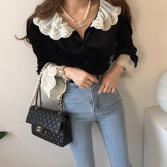 Vintage Velvet Lace Splice Long Sleeve Blouse