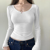 Lace Trim White Ribbed Knit Top