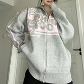 Rabbit Print Oversized Zip Up Cardigan