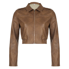 Zip Up Lapel Neck Leather Short Jacket