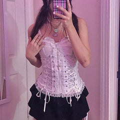 Lace Up Ruffle Jacquard Mesh Top