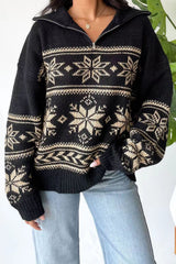 Vintage Snowflake Print Zip Up Sweater