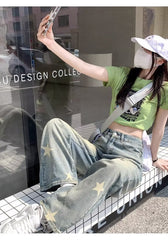 Distressed Star Print Wide-leg Jeans