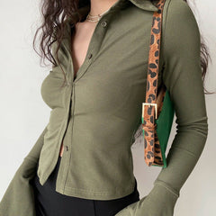 Polo Neck Long Sleeve Rib Blouse