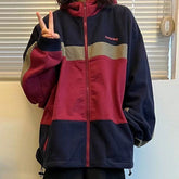 Vintage Oversized Color Block Zip Hooded Jacket