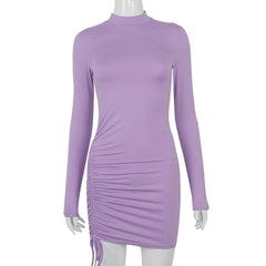 Solid Color High Neck Long Sleeves Mini Dress