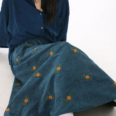 Embroidery Daisy Corduroy Maxi Skirt
