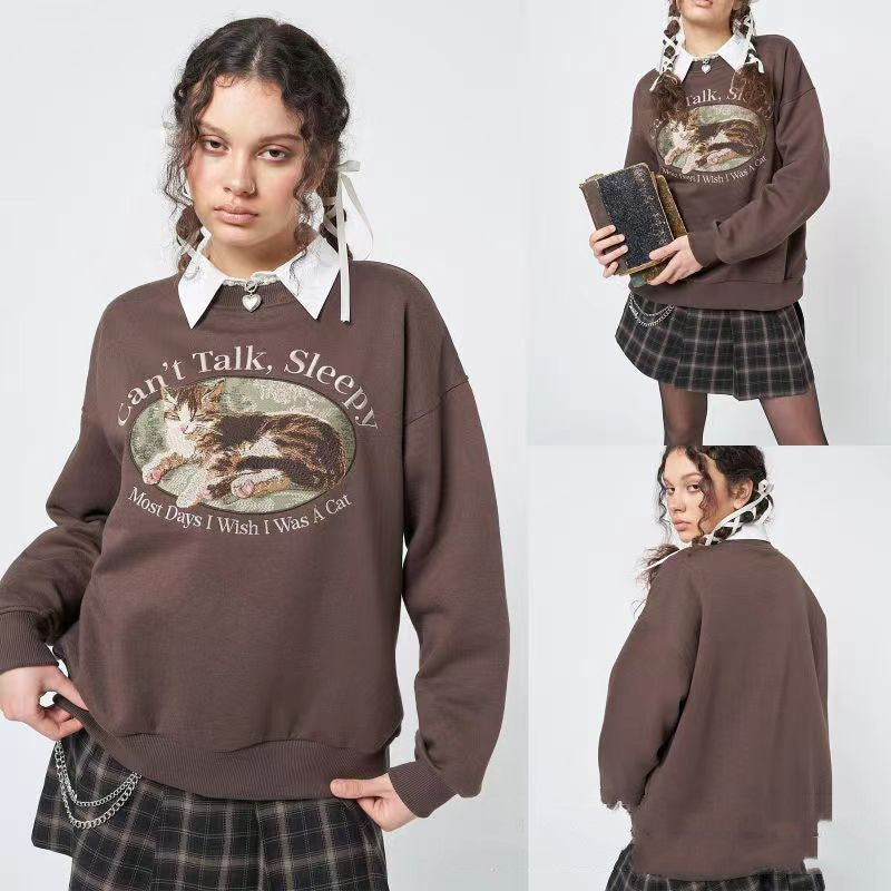 Can't Talk Cat Print Sweatshirt