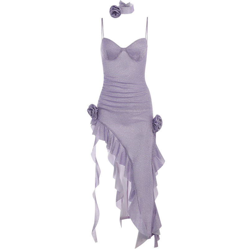 Shiny Ruffle Asymmetric Slit Hem Flower Maxi Dress
