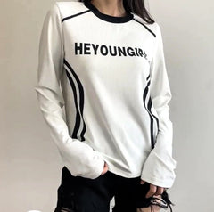 Letter Print Patchwork Long Sleeve Tee
