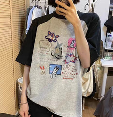 Cartoon Print Raglan Short Sleeve Tee
