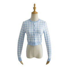 Checkered Button Front Knit Crop Cardigan