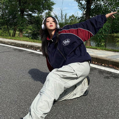 Logo Print Piping Details Oversized Jacket