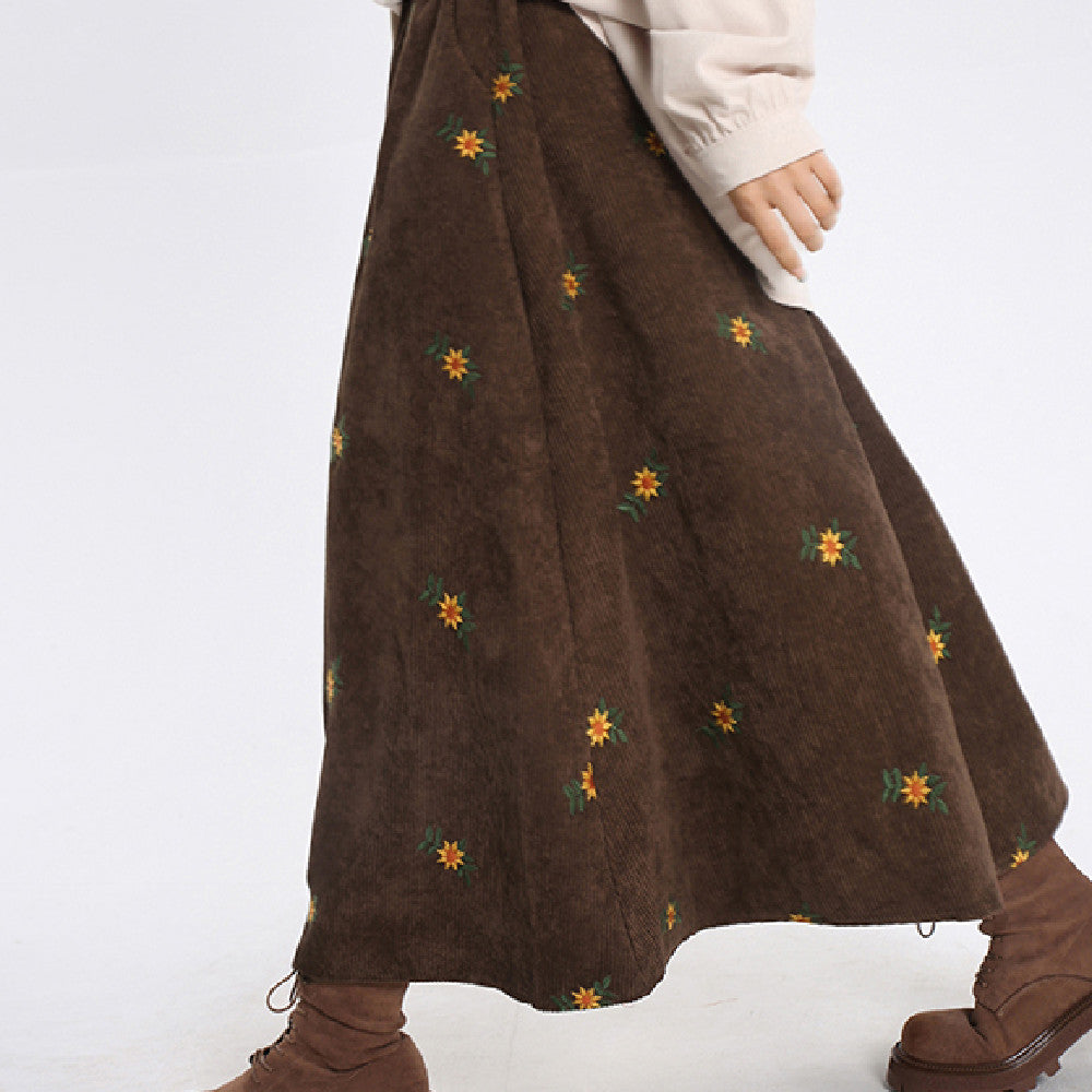 Embroidery Daisy Corduroy Maxi Skirt