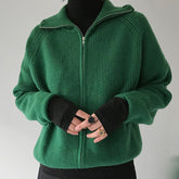 Dark Green Zip Up Knit Cardigan