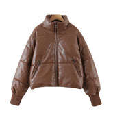 Zipper Pu Leather Puffer Jacket