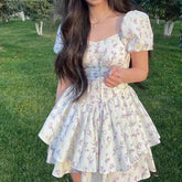Puff Sleeve Floral Corset Mini Dress