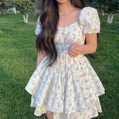 Puff Sleeve Floral Corset Mini Dress