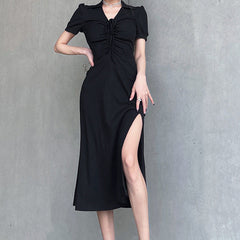 Lace Up Slit Knitted Black Maxi Dress