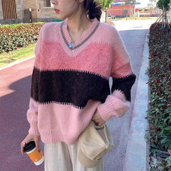 V-Neck Color Block Striped Sweater