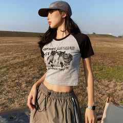 Cute Kitten Raglan Sleeve Crop Top