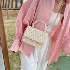 Straw Pearl Cross Body Bag