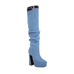 Pointed Toe Denim Over Knee Boots