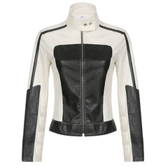 Color Block Zipper Faux Leather Moto Jacket