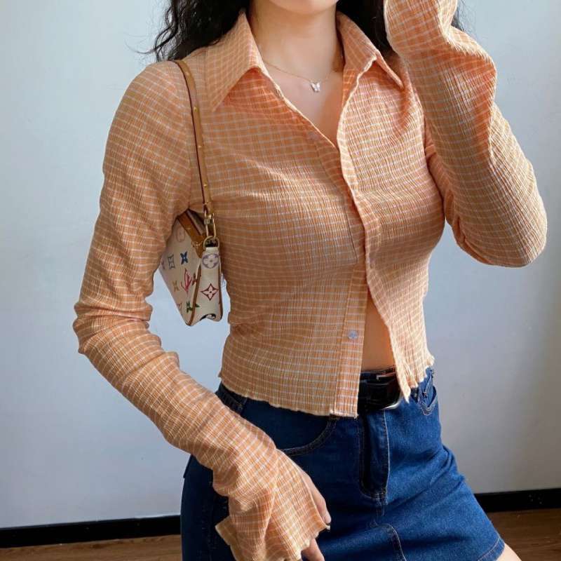 Checkered Cropped Long Sleeve Blouse