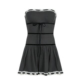 Off Shoulder Ribbon Trim Lace Up Slim Mini Dress