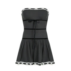 Off Shoulder Ribbon Trim Lace Up Slim Mini Dress