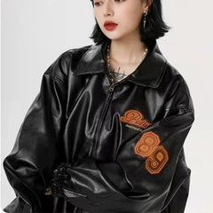 Logo Embroidered Pu Leather Varsity Jacket