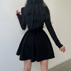 Corset Detail Black Long Sleeve Mini Dress