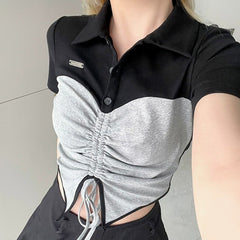 Tie Front Patchwork Button Up Crop Top