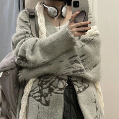 Print V Neck Zip Up Loose Cardigan