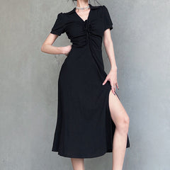 Lace Up Slit Knitted Black Maxi Dress