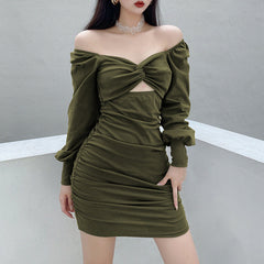 Twist Chest Cutout Puff Sleeve Pleats Dress