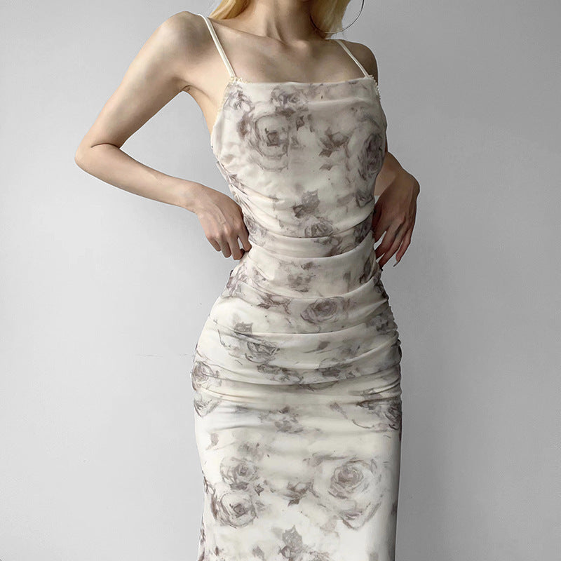 Floral Print Slit Mesh Maxi Dress