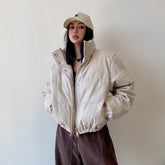 Button Down Pu Leather Puffer Jacket