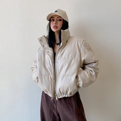 Button Down Pu Leather Puffer Jacket