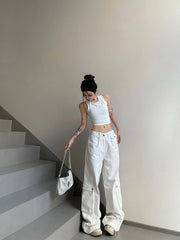 White Big Pocket Splice Mopping Cargo Boyfriend Jeans