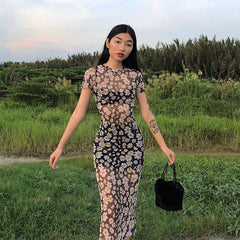 Daisy Print Mesh Maxi Dress