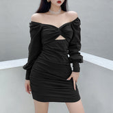 Twist Chest Cutout Puff Sleeve Pleats Dress