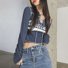 Vintage Tie Front Stitch Details Crop Top