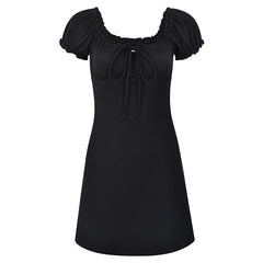 Tie Front Puff Sleeve Black Mini Dress