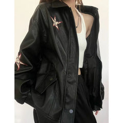 Vintage Embroidered Star Pu Leather Jacket